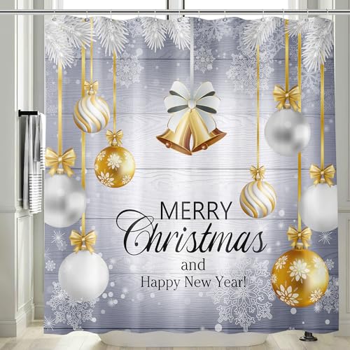 M&W DasDesign Weihnachtlicher Duschvorhang Elegantes Design mit goldenen Kugeln Merry Christmas and Happy New Year Motiv, wasserfester Polyester-Duschvorhang für das Badezimmer 180x200 cm von M&W DAS DESIGN