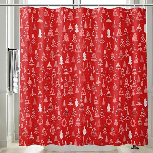 M&W DasDesign Weihnachtlicher Duschvorhang Festliches Design mit Weihnachtsbäumen, wasserabweisender Polyester-Duschvorhang für das Badezimmer, maschinenwaschbar rot-weißer Weihnachtsdekor, 180x200cm von M&W DAS DESIGN