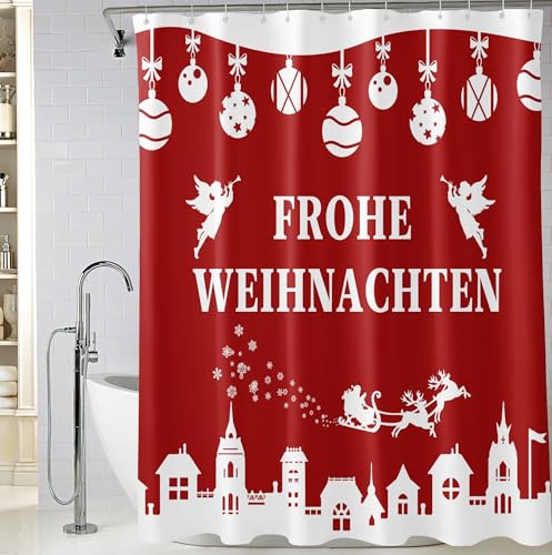 M&W DasDesign Weihnachtlicher Duschvorhang – Rotes Design mit „Frohe Weihnachten“-Motiv, Engel und festlichen Ornamenten, wasserabweisender Vorhang für das Badezimmer, maschinenwaschbar, 180x200 cm von M&W DAS DESIGN