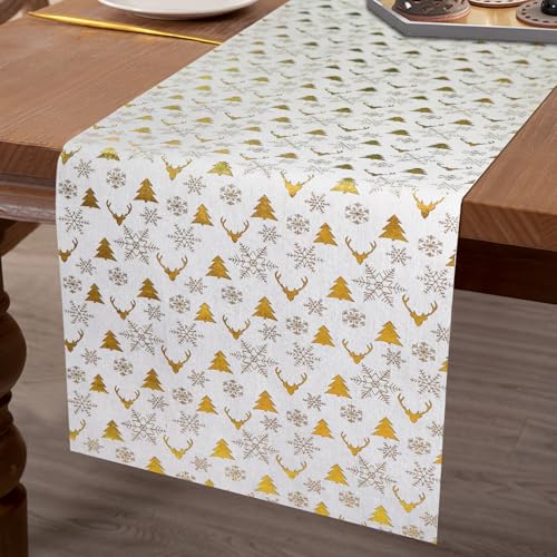 Weihnachtlicher Tischläufer 33 cm x 2,75 m, zuschneidbar, 2 Designs (rote Weihnachtsbäume oder goldene Rentiere & Weihnachtsbäume), Leinenoptik – Perfekt als Tischläufer oder Einweg-Tischset von M&W DAS DESIGN