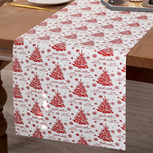Weihnachtlicher Tischläufer 33 cm x 2,75 m, zuschneidbar, 2 Designs (rote Weihnachtsbäume oder goldene Rentiere & Weihnachtsbäume), Leinenoptik – Perfekt als Tischläufer oder Einweg-Tischset von M&W DAS DESIGN