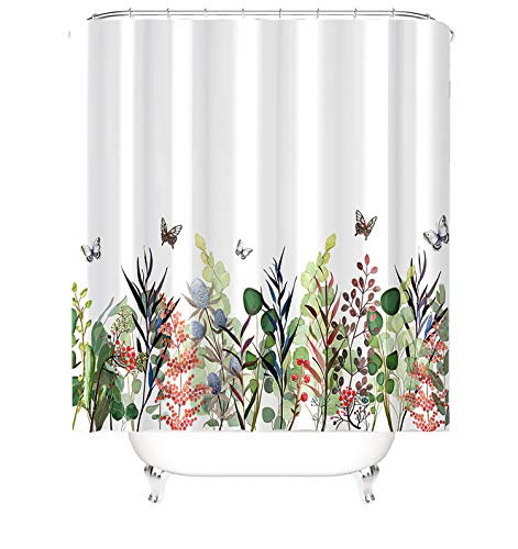 M&W DAS DESIGN Duschvorhang bunt Blumen Schmetterlinge Pflanzen Badezimmer Textil Vorhang Antischimmel waschbar Blätter Shower Curtain Badewanne inkl. 12 C-Ringe Gewicht unten Multicolored Floral von M&W DAS DESIGN