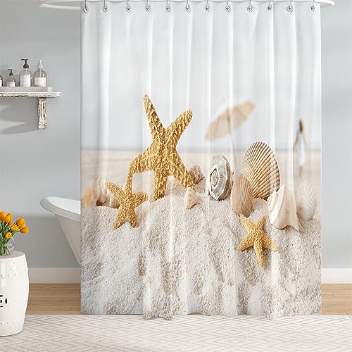 M&W Home Duschvorhang weißer Sandstrand mit Muscheln Seesternen Entspanntes Strandleben unter sonnigem Himmel Relax Hochwertiger Textilvorhang aus 100% wasserdichtem Polyester Größe 180x200cm von M&W Home