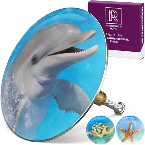 M. ROSENFELD HOME Badewannenstöpsel mit Motiv Delfin - Delphin - Stöpsel Badewanne 72mm Universal Badewannenstöpsel aus Messing mit Doppel Dichtung von M. ROSENFELD HOME