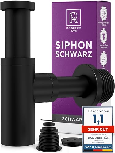 Siphon Schwarz Matt für Waschbecken, Premium Siphon Waschtisch, Messing Wände, Geruchsverschluss inkl. Dichtungen und Reinigungsöffnung, 1 1/4", 60-140mm Höhe, 330mm Länge – M. ROSENFELD HOME von M. ROSENFELD HOME