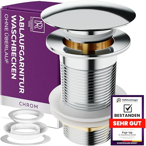 M. ROSENFELD HOME Ablaufgarnitur Waschbecken OHNE Überlauf Chrom - Ablaufventil Pop Up 1 1/4 zoll aus Edelstahl & Messing für Waschtisch - Abflussgarnitur Waschbecken Pop-Up Ventile - Einfacher Einbau von M. ROSENFELD HOME