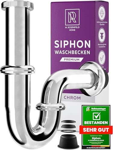 M. ROSENFELD HOME Siphon Waschbecken aus Chrom Messing Alles Dabei: Einfache Montage + Höhenverstellbar + Abflussrohr Genormten 1 1/4" + Wandrosette + Gummimanschette Röhrensiphon Geruchsverschluss von M. ROSENFELD HOME