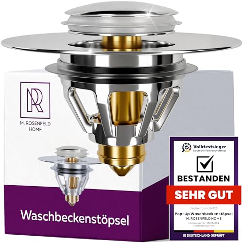 Waschbeckenstöpsel Pop Up Stöpsel Waschbecken Ablaufgarnitur, Abflussstopfen Chrom aus Messing (34-38mm) von M. ROSENFELD HOME
