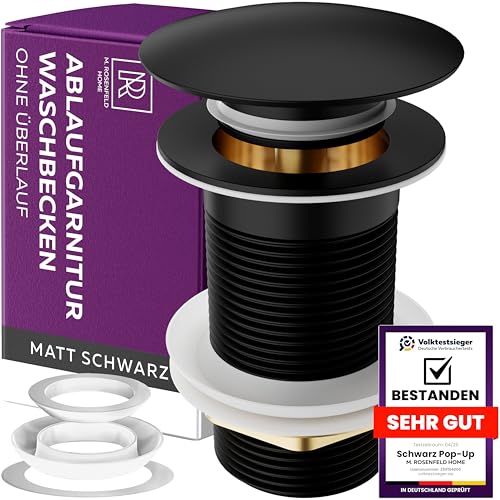 M. ROSENFELD HOME Waschbecken Ablaufgarnitur OHNE Überlauf Schwarz Matt - Ablaufventil Pop Up 1¼’’ aus Edelstahl & Messing für Waschtisch - Abflussgarnitur Waschbecken Pop-Up Ventil - Einfacher Einbau von M. ROSENFELD HOME