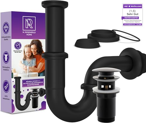 Schwarz Ablaufgarnitur Waschbecken POP UP mit Überlauf + Universal Röhrensiphon für Waschbecken, Waschtisch Geruchsverschluss aus Messing von M. ROSENFELD HOME