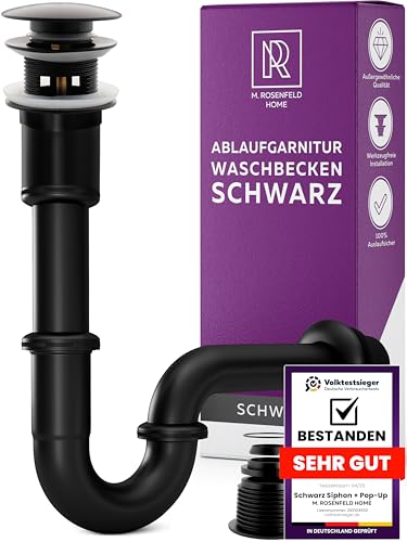 Schwarz Siphon Waschbecken Ablaufgarnitur mit Überlauf, Pop Up + Universal Röhrensiphon Waschtisch Geruchsverschluss aus Messing M. ROSENFELD HOME von M. ROSENFELD HOME