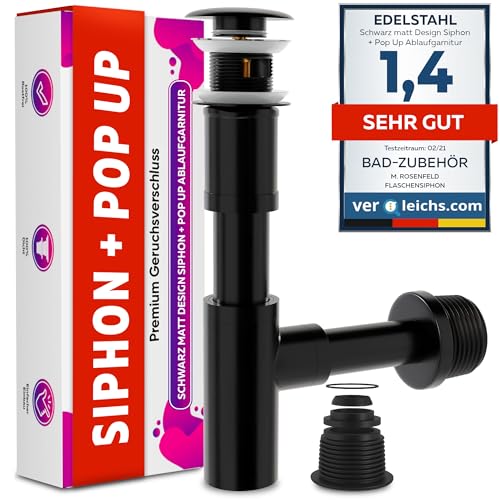 Schwarz Design Siphon Waschbecken Ablaufgarnitur mit Überlauf, Pop Up Ventil Waschtisch Geruchsverschluss aus Edelstahl M. ROSENFELD HOME von M. ROSENFELD HOME