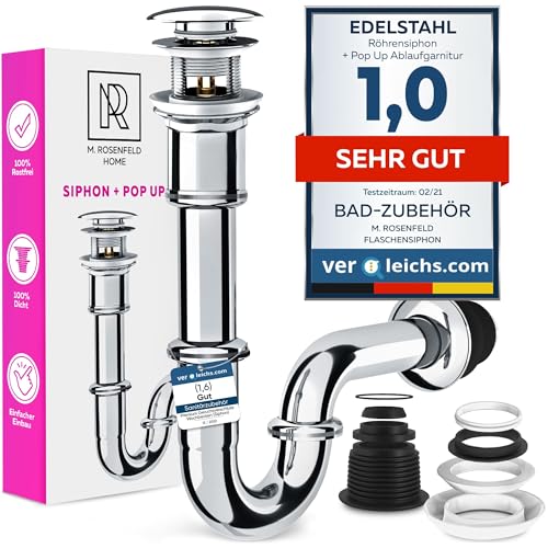 Siphon Waschbecken Ablaufgarnitur mit Überlauf, Pop Up Ventil Waschtisch Geruchsverschluss aus Edelstahl M. ROSENFELD HOME von M. ROSENFELD HOME