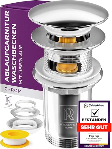 Ablaufgarnitur Waschbecken mit Überlauf für Waschtisch - Pop Up Ventil Waschbecken - Chrom Abfluss Waschbecken 1 1/4 von M. ROSENFELD HOME