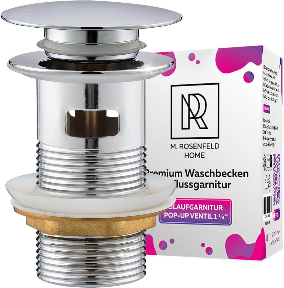 M. Rosenfeld Ablaufgarnitur Waschbecken mit Überlauf Chrom - Ablaufventil Pop Up 1 1/4 zoll (aus Edelstahl & Messing für Waschtisch) PopUp Ventile, Abflussgarnitur Waschbecken, Einfacher Einbau von M. Rosenfeld