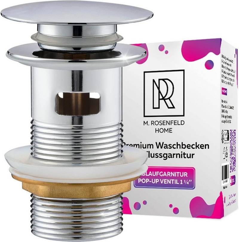 M. Rosenfeld Ablaufgarnitur Waschbecken mit Überlauf Chrom - Ablaufventil Pop Up 1 1/4 zoll (aus Edelstahl & Messing für Waschtisch) PopUp Ventile, Abflussgarnitur Waschbecken, Einfacher Einbau von M. Rosenfeld
