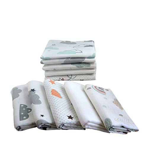 Mullwindeln 10 Stück Mix | Spucktücher Baby | Stoffwindeln 80 x 70 cm | Saugfähige Mulltücher | Öko-Tex (Set Unisex Wolken) von M.M.C.