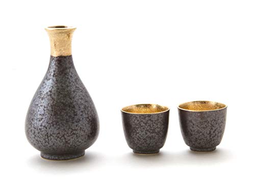 Miyazaki ? Japanische Sake-Set, Sake Karaffe und 2 Sake Becher Shuki, Grau-Schwarz gemuster aus Arita-Porzellan, der Tafelgeschirr Serie Shuki von M.style Miyazaki Co. LTD.