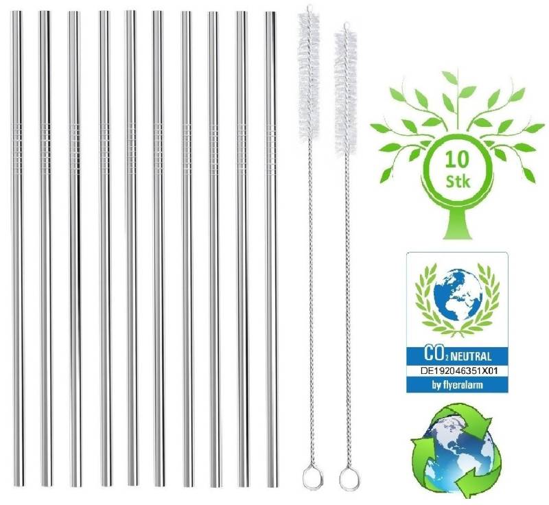 M Trinkhalme aus Edelstahl, nachhaltig, wiederverwendbar und umweltfreundlich, (12-tlg., 10 gerade, 2 Reinigungsbürsten + Aufbewahrungsbeutel gratis), mit ø6mm auch für Cocktails geeignet von M