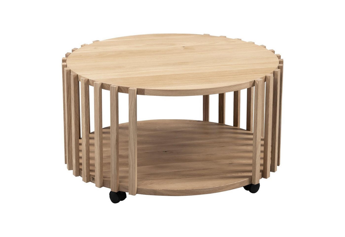 M2 Kollektion Couchtisch MATS, Braun, Wildeiche massiv geölt, mit Rollen, Ablage, Ø 73 x H 40 cm von M2 Kollektion