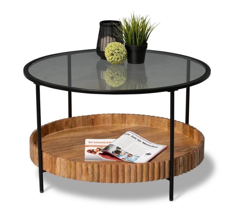 M2 Kollektion Couchtisch in Glas, Metall schwarz, Mangoholz massiv - 48x78cm (HxD) von M2 Kollektion