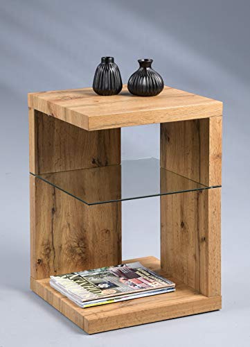 M2 Kollektion Domingo Beistelltisch/Nachttisch I Modernes Design I MDF mit Wildeiche-Dekor I Zusätzlicher Stauraum I Sicherheitsglas, 40x40x60 cm I Vielseitig einsetzbar von M2 Kollektion