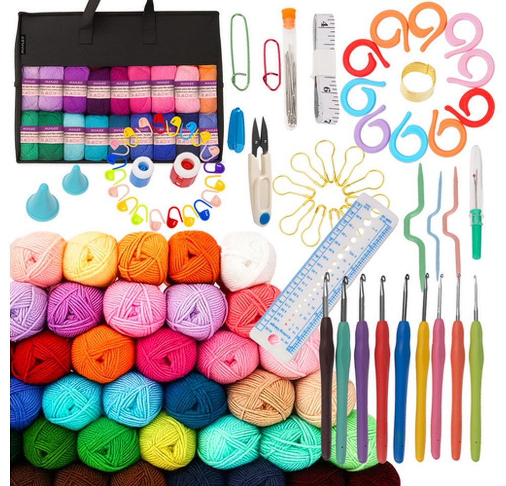 MAALEO Häkelnadeln Häkelset Flickwolle, Komplett-Set 113 St., Geschenkidee, mit Baumwollgarn in 40 Farben, robustem Zubehör und Anleitung MAALEO Häkelnadeln Häkelset Flickwolle, Komplett-Set 113 St., Geschenkidee, mit Baumwollgarn in 40 Farben, robustem Zubehör und Anleitung von MAALEO