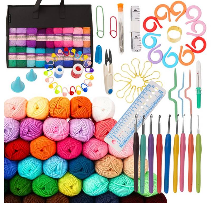 MAALEO Häkelnadeln Häkelset Flickwolle, Komplett-Set 113 St., Geschenkidee, mit Baumwollgarn in 40 Farben, robustem Zubehör und Anleitung von MAALEO