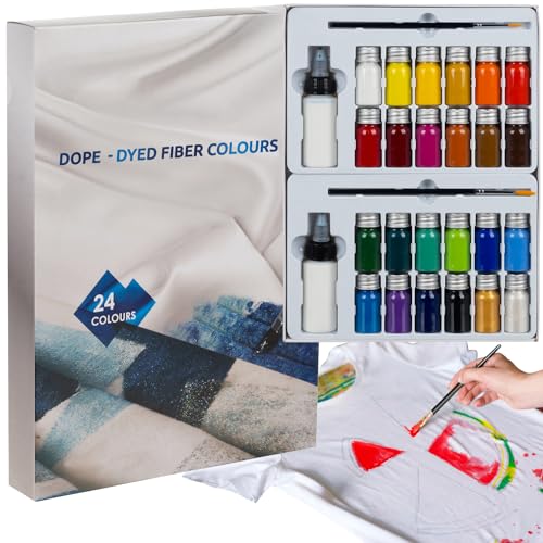 Waschbeständige Stofffarben in Fläschchen für Stoffmalerei Artist Textilfarbe zum Bemalen Set mit 24 Farben 2 Pinsel 2 Verdünner 22948 von MAALEO