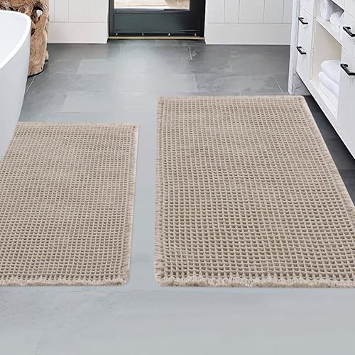MABOZOO 2-teiliges Badezimmerteppich-Set, waschbare Waffel-Badematten, super saugfähige Duschmatten, schnell trocknend, Boho-Badvorleger mit Quasten für Badezimmerboden (61 x 43 cm + 76 x 45 cm, von MABOZOO