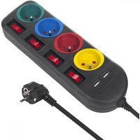 Maclean MCE229 b Verlängerungskabel de Steckdosen Cable de Verlängerung de 4 Steckdosen + 2xUSB mit Schalter, 250VAC/10A, 2.1A 5V, 1.5m (Schwarz) von MAC LEAN