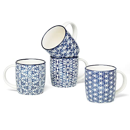 MACHUMA Kaffeetassen mit blauen und weißen geometrischen Mustern, 340 ml, Keramik-Teetassen-Set, Geschenk für Freunde, 4 Stück von MACHUMA
