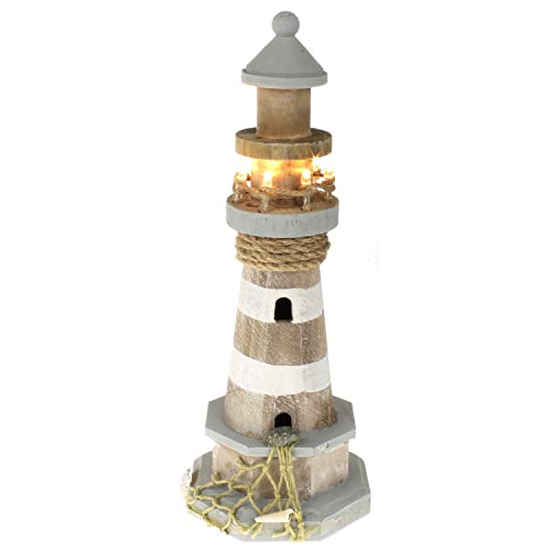 MACOSA CP53331 Deko-Leuchtturm Holz 29 cm Kiefernholz Braun Grau Antik Finish Badezimmer-Dekoration Dekofigur maritim Baddeko Fischernetz Nautisch von MACOSA HOME