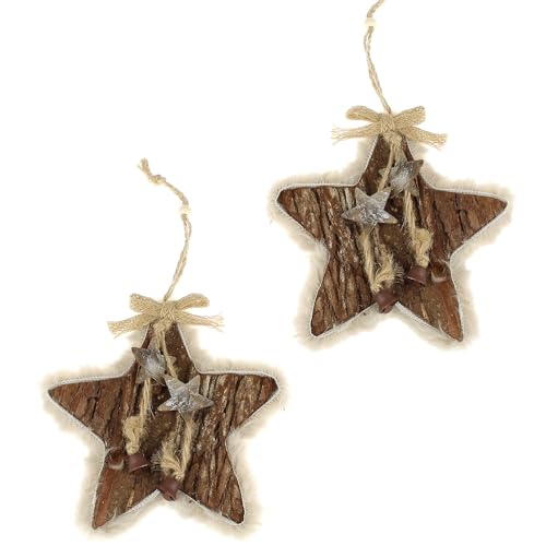 MACOSA GR248-8005_x2 Weihnachtsdeko Stern 2er Set Holz mit Fell 20 cm Naturstern zum hängen Holzstern Dekostern Holz-Dekoration Weihnachten Fenster Tisch-Deko modern von MACOSA HOME