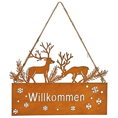 MACOSA GW10030520 Deko-Schild Dekohänger Willkommen Hirsch Rost Metall Türschild Schild Winter Herbst-Dekoration Hängedekoration Weihnachten Winterdeko von MACOSA HOME