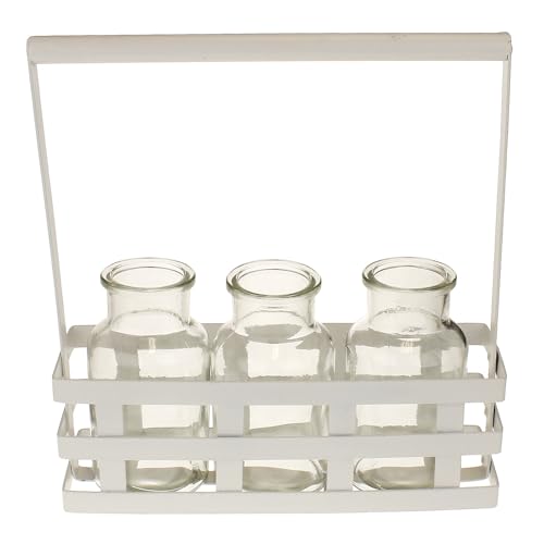 MACOSA HE67694 Glasvasen im Metallgestell Weiß Dekovasen Korb Vasen Glas Blumenvasen im Dekokorb Tischdekoration Tischvasen Vasenkörbchen Vasenkorb von MACOSA HOME