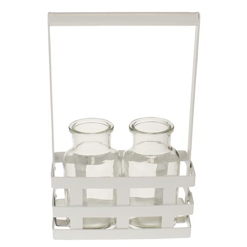 MACOSA HE67700 Glasvasen im Metallkorb Weiß 24 cm Dekovasen Korb Vasen Glas Blumenvasen im Dekokorb Tischdekoration Tischvasen Vasenkörbchen Vasenkorb von MACOSA HOME