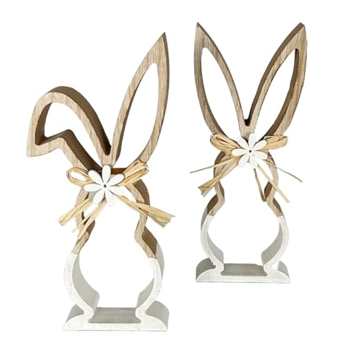 MACOSA HN68059_x2 Deko-Hasen 2er Set Holz Braun Weiß 22 cm modern Osterhase Stroh Blumen Osterdeko Holzhase Oster-Dekoration Tischdeko Hasenpaar Deko-Figur Ostern von MACOSA HOME