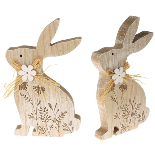 MACOSA HN68103_x2 Deko-Hasen 2er Set Holz Braun 20 cm Florales Muster Osterhase Blumen Osterdeko Holzhase Oster-Dekoration Tischdeko Hasenpaar Deko-Figur Ostern von MACOSA HOME