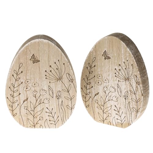 MACOSA HN68127_x2 Deko-Eier 2er Set Holz 12 cm Osterei Braun florales Muster Osterdeko Holzei Holzosterei Oster-Dekoration Tischdeko Deko-Figur Ostern Osterdekoration von MACOSA HOME