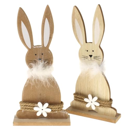 MACOSA HN68202_x2 Deko-Hasen 2er Set Holz Braun 27 cm Osterhase Federkragen Osterdeko Holzhase Oster-Dekoration Tischdeko Hasenpaar Deko-Figur Ostern von MACOSA HOME