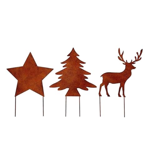 MACOSA PO492403-014-712_x3 Dekostecker Weihnachten 3er Set Rost 14 cm Metall Dekostab Weihnachts-Dekoration Blumenstecker Winter-Deko Beetstecker Landhaus modern von MACOSA HOME