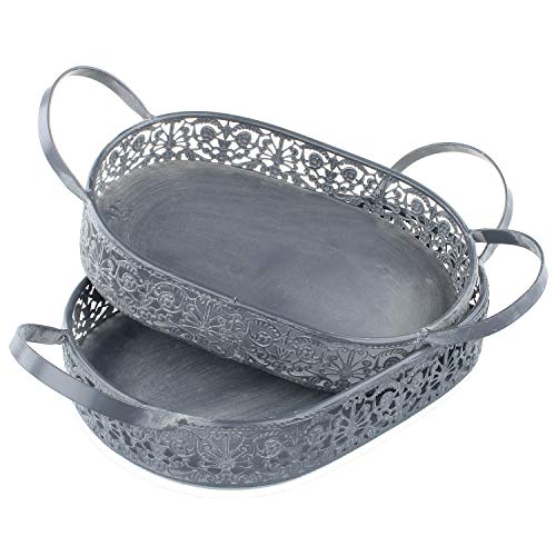 MACOSA SA81452 Metall-Tablett 2 STK. Vintage Oval mit Griff Dekotablett Tisch-Dekoration Pflanzen-Tablett Kerzenteller Servierplatte Blumentablett von MACOSA HOME