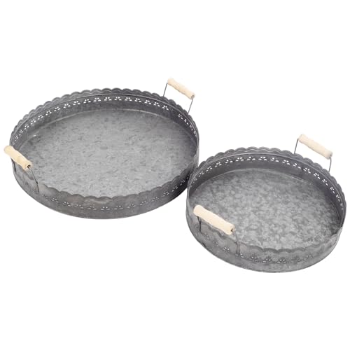 MACOSA SA82124 Dekotablett 2er Set rund Metall Grau Blech 30 cm & 40 cm mit Griff Blechtablett Tablett Metalltablett Tisch-Dekoration Pflanzen-Tablett Blumentablett von MACOSA HOME