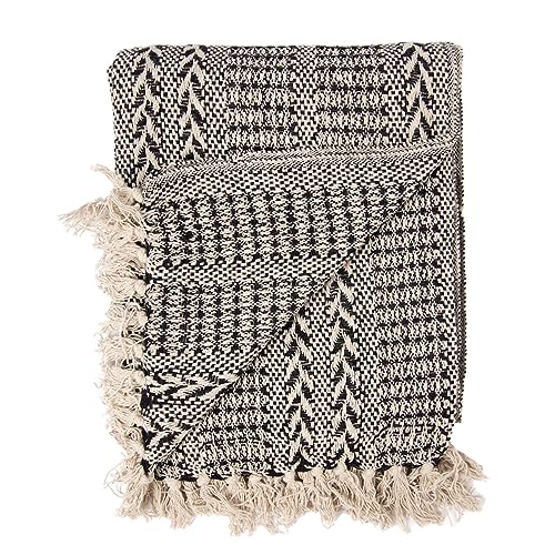 MACOSA SA85198 Kuscheldecke Wohndecke Schwarz Beige mit Muster 100% Baumwolle 150 x 125 cm Fransen-Decke Plaid Sofadecke Designdecke Wolldecke Reisedecke von MACOSA HOME