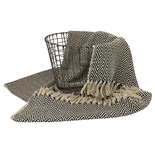 MACOSA SA87272 Hochwertige Wohndecke Schwarz Beige mit Fischgrat-Muster 100% Baumwolle Fransen-Decke Plaid Sofadecke Designdecke Wolldecke Reisedecke von MACOSA HOME