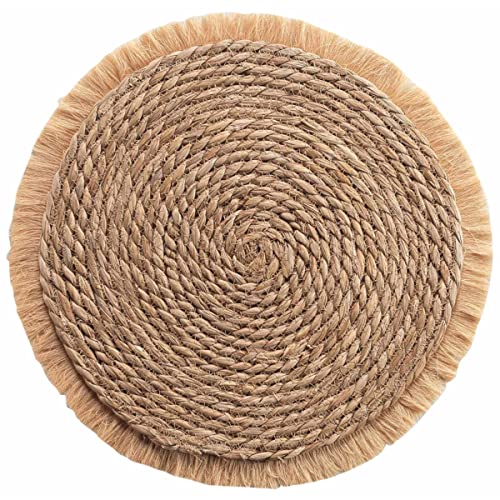 MACOSA U1790556_x2 Platzset 2 STK. Stroh Fransen rund Beige dunkel Platzmatten Maisstroh modern Boho Tischset Tisch-Untersetzer Teller-Unterlage Platzdeckchen Tischmatte (Dunkelbeige) von MACOSA HOME