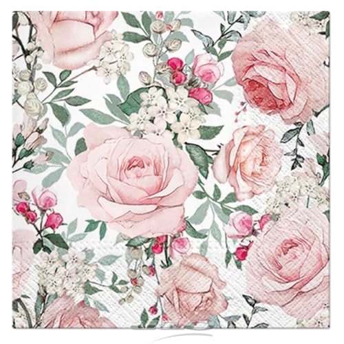 MACOSA U6SEI247_x2 Papier-Servietten Set 40 Stk. 25 x 25 cm Rosen Motiv Grün Rosa Tisch-Deko Einwegservietten Cocktailservietten Partyservietten Einweg Blumen Muster (25 x 25 cm) von MACOSA HOME