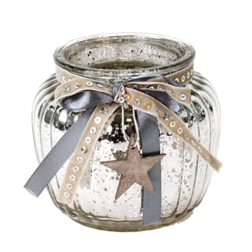 MACOSA WV33264 Windlicht Silber Glas rund Weihnachtsdeko mit Holz-Stern Weihnachten Deko Teelichthalter Tisch-Dekoration Kerzenhalter (Silber) von MACOSA HOME