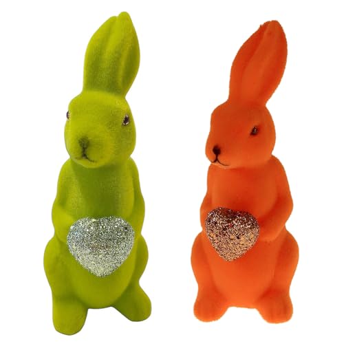 MACOSA WV558 Osterhasen 2er Set beflockt Orange Grün 13 cm Kunststoff Dekohase Hase Oster-Deko Osterdekoration Figur Dekohase Dekofigur Ostern Dekoration Tischdeko (Grün Orange) von MACOSA HOME